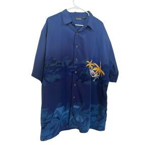 Odo Mens Blue Palm Tree Print Collared Short Sleeve Button Up Shirt Size XXL